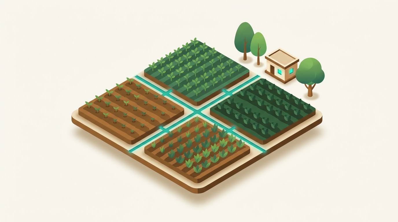 Isometric digital twin of a farm with four crop plots, irrigation, trees and a farmhouse