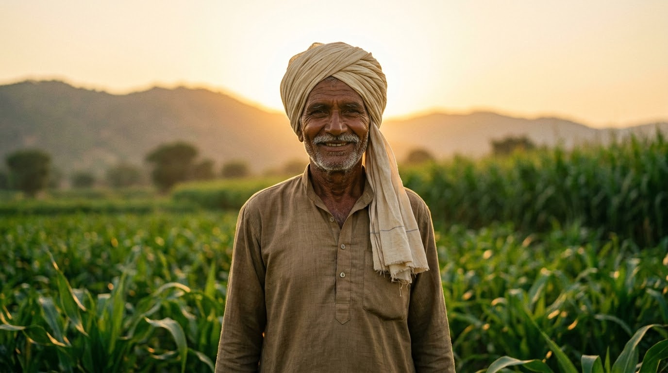A hopeful Indian farmer at golden hour standing in a green field